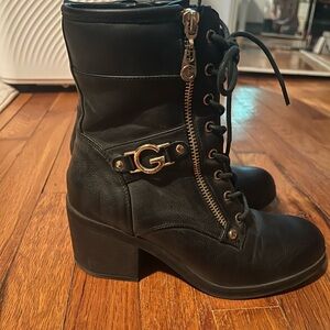 G by Guess Black Combat Moto Boots with Chunky Heel